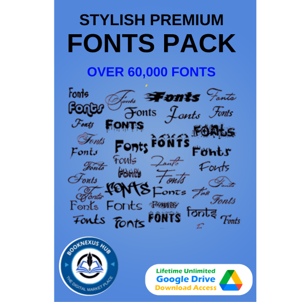 A vibrant collection of 60,000+ stylish fonts displayed in various styles, including elegant scripts, bold displays, and modern typography, ideal for graphic design and branding projects.