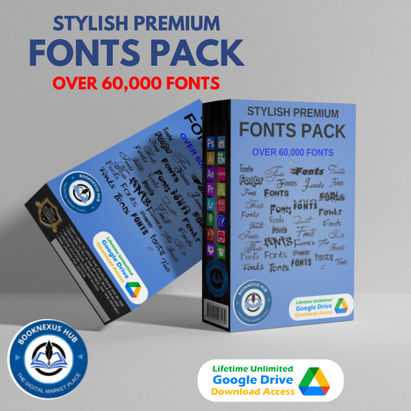 A vibrant collection of 60,000+ stylish fonts displayed in various styles, including elegant scripts, bold displays, and modern typography, ideal for graphic design and branding projects.